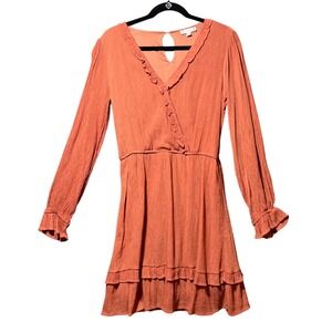 L Love Terracotta Orange Ruffle Long Sleeve‎ Mini Dress Boho Textured Medium